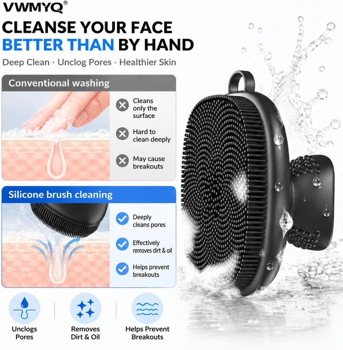 VWMYQ Silicone Face Scrubber for Men & Women, Manual Waterproof Facial Cleansing Brush for Exfoliating‑Black