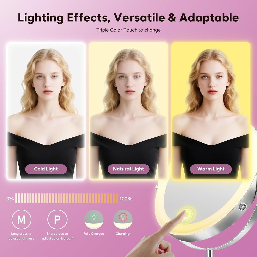 1X/20X Makeup Mirror with Lights, 9" Magnifying Mirror 5000mAh Rechargeable