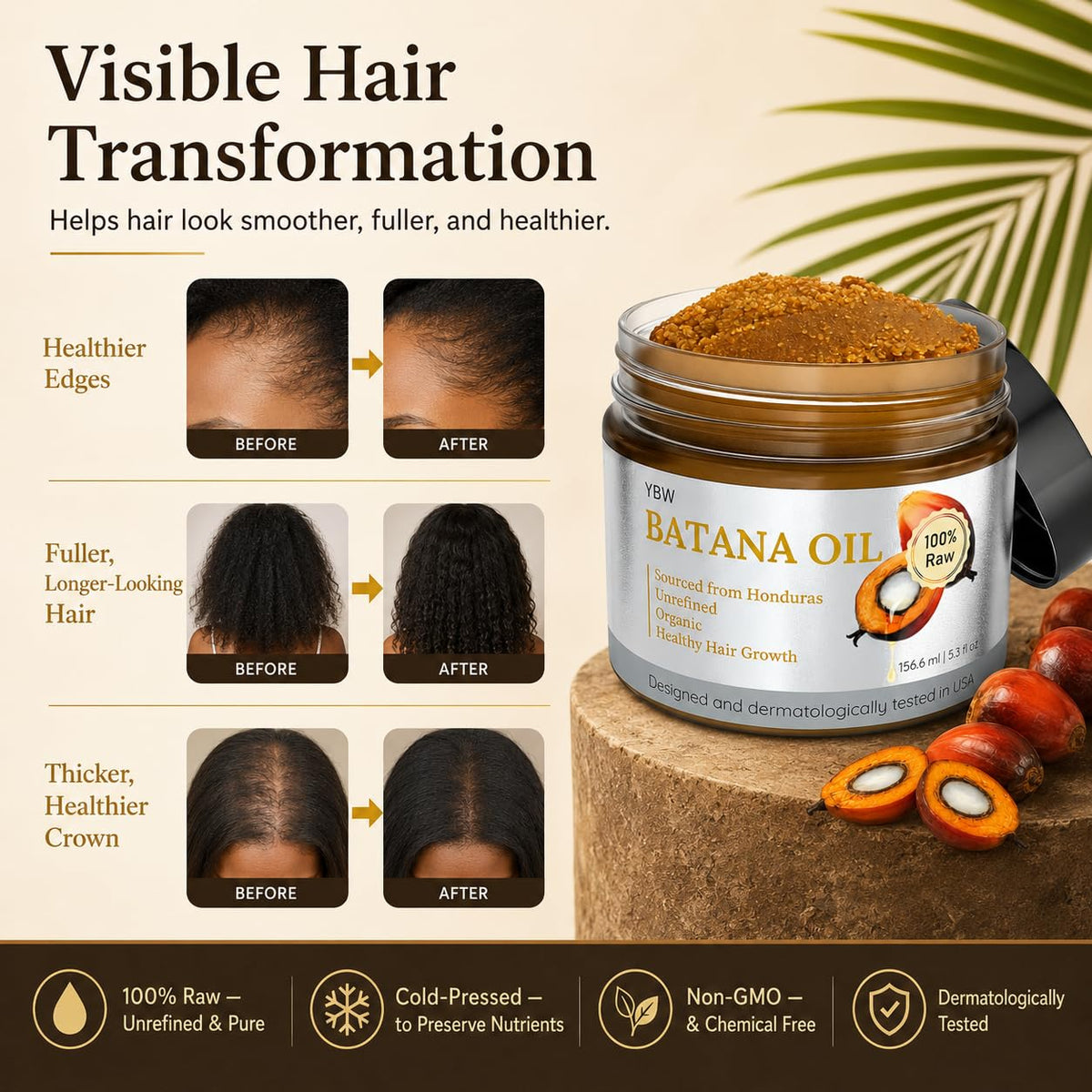 Raw Batana Oil for Hair Growth by Dr. Sebi Organic Raw Honduras Oil - 100% Pure & Natural Botana Paste for Thicker, Stro