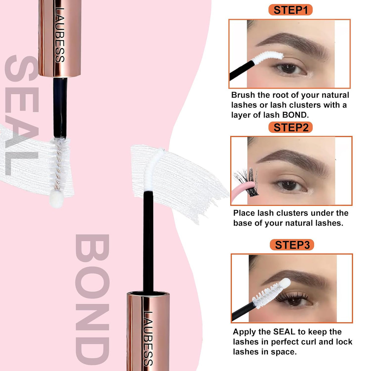 Lash Bond and Seal Lash Glue Waterproof LAUBESS 2-IN-1 Cluster Lash Glue for Eyelash Clusters 72H 10ml (White/Clear)