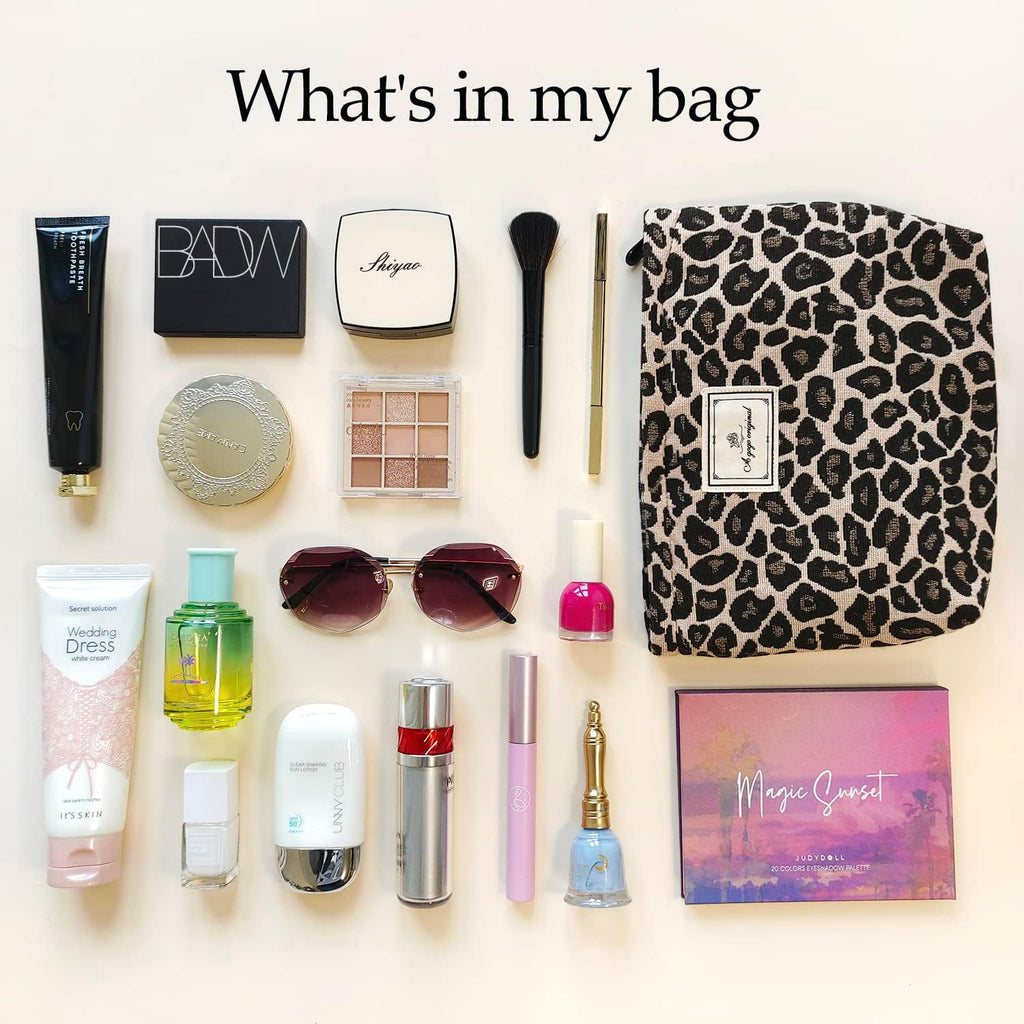 Leopard Makeup Bag Organizer Cosmetic Bags for Women and Girls,Travel Toiletry Bag Large Capacity Canvas Makeup Zipper P