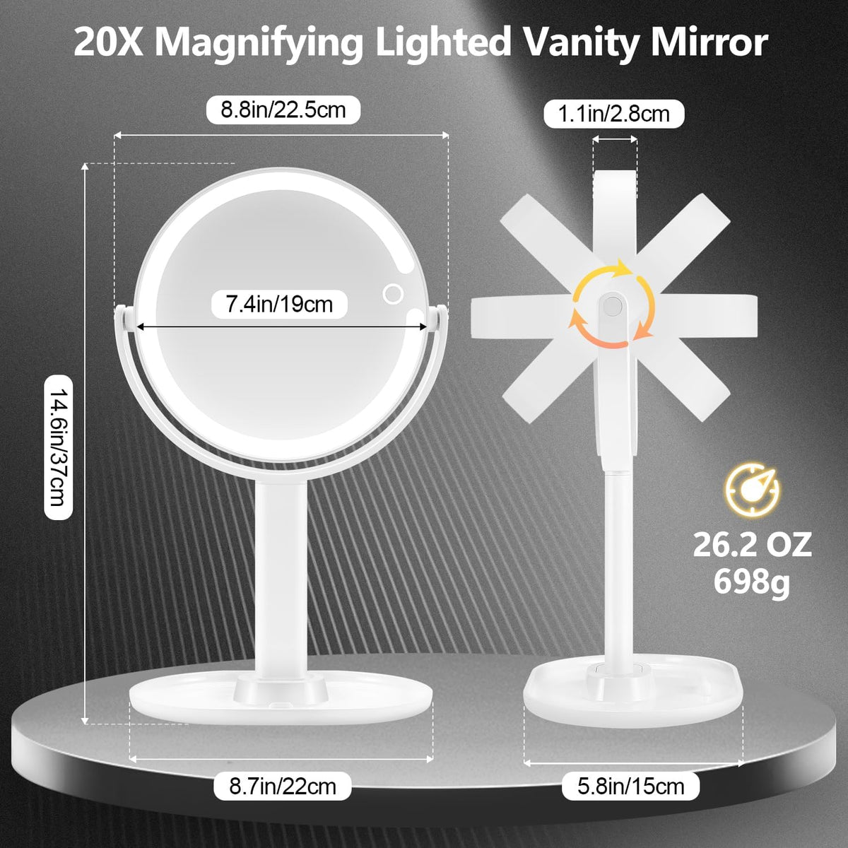MIYADIVA Makeup Mirror with Lights,20X Magnifying Mirror with Light and Touch Switch,Vanity Mirror with 3 Color Light an
