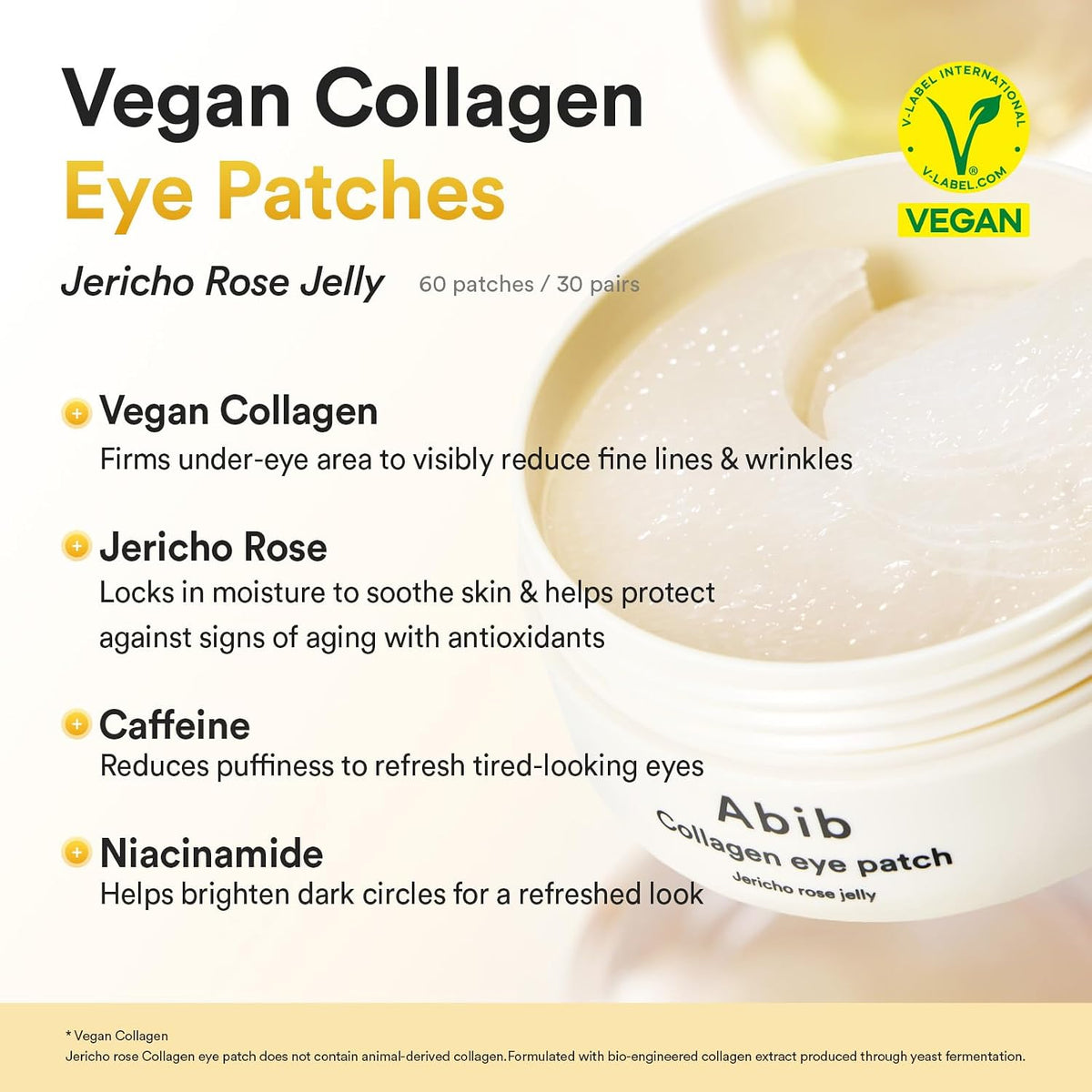 Abib Vegan Collagen Eye Patches for Wrinkles & Fine Line with Jericho Rose Jelly & Peptides, 60 Count, Korean Skin Care