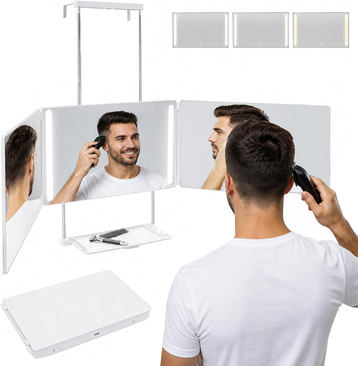 3 Way Mirror with Light & Shelf for Self Hair Cutting Rechargeable