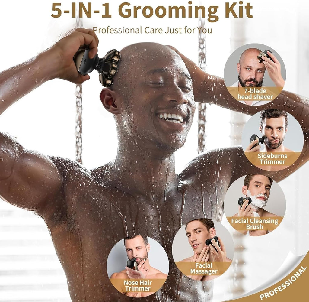 SHPAVVER Head Shavers for Bald Men: 5-in-1 IPX7 Waterproof Grooming Kit - 7D Floating Electric Razor With Magnetic Remov