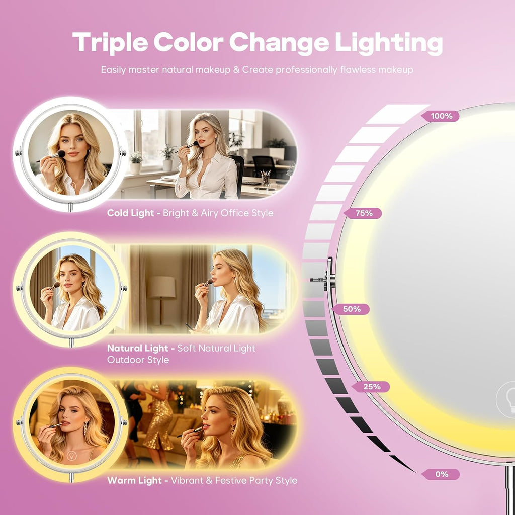 1X/20X Makeup Mirror with Lights, 9" Magnifying Mirror 5000mAh Rechargeable