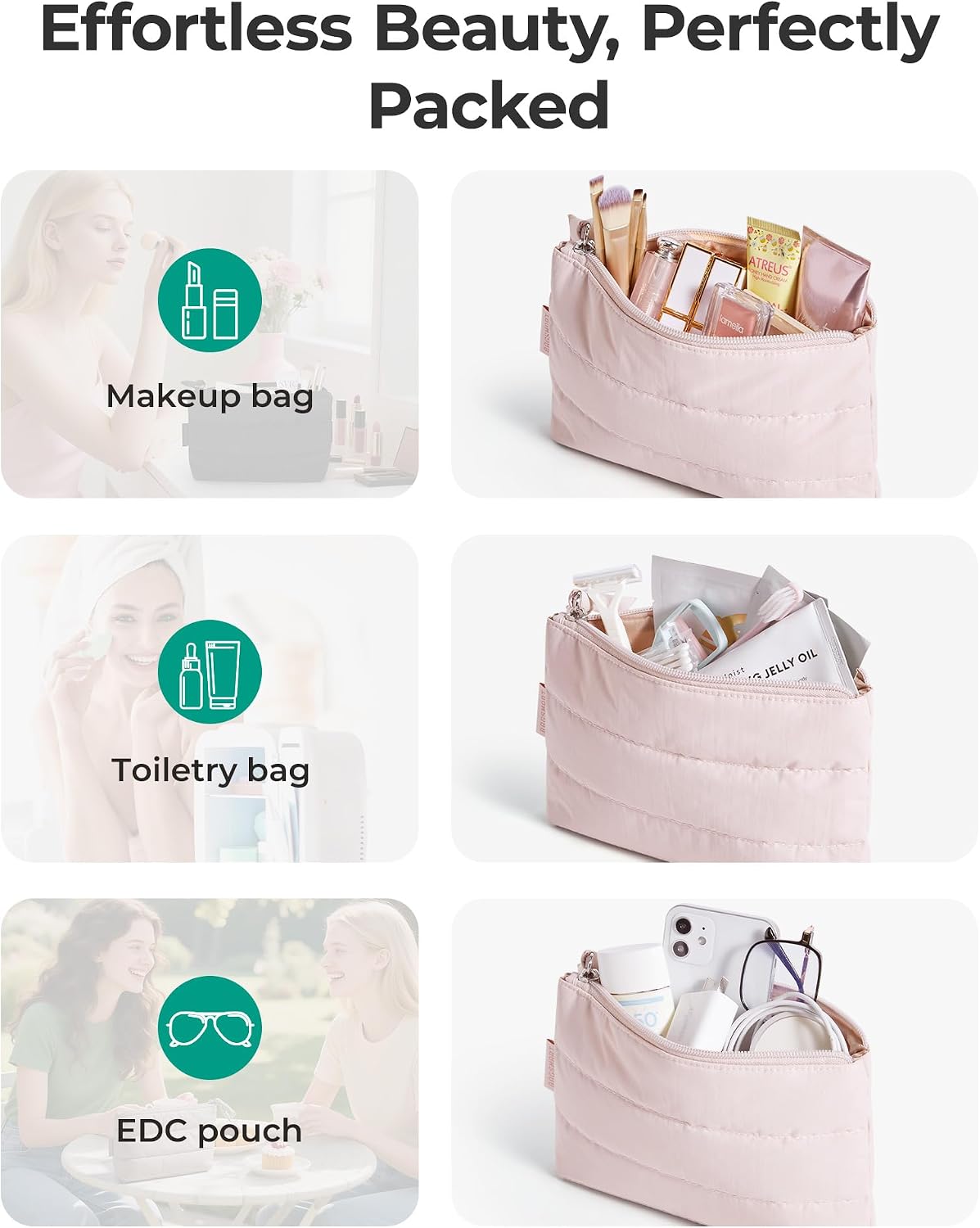 BAGSMART Small Makeup Bag, Machine Washable Puffy Cosmetic Pouch, Pink