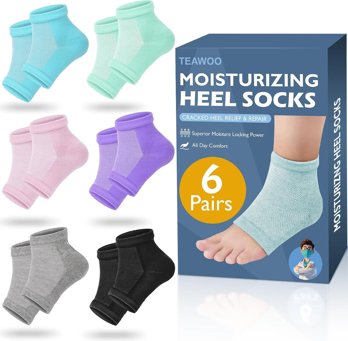 TEAWOO Moisturizing Heel Socks - 6 Pairs for Dry Cracked Feet