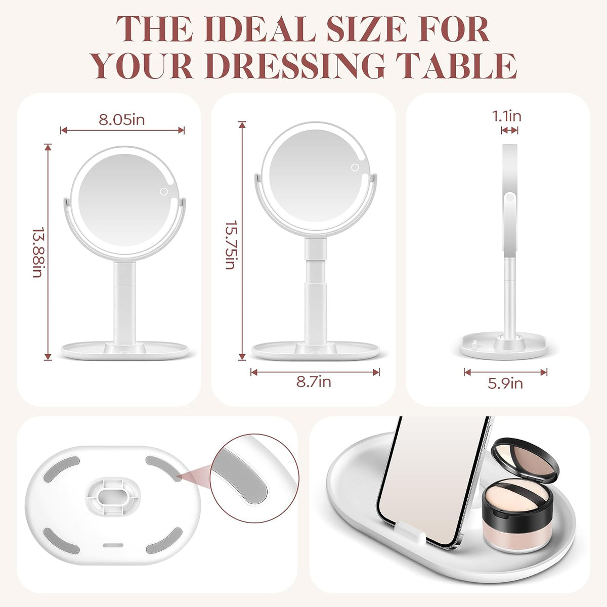 Makeup Mirror with Lights, 20X Magnifying Mirrors, Height Adjustable, Vanity Mirror with Lights Rechargeable 3 Color Mod