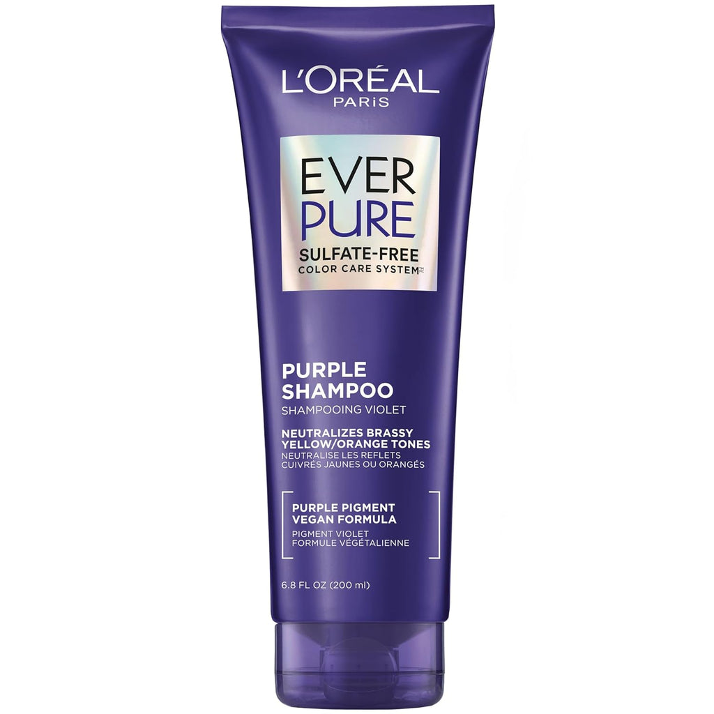 L’Oreal Paris Sulfate Free Brass Toning Purple Shampoo for Blonde, Bleached, Silver, or Brown Highlighted Hair, EverPure