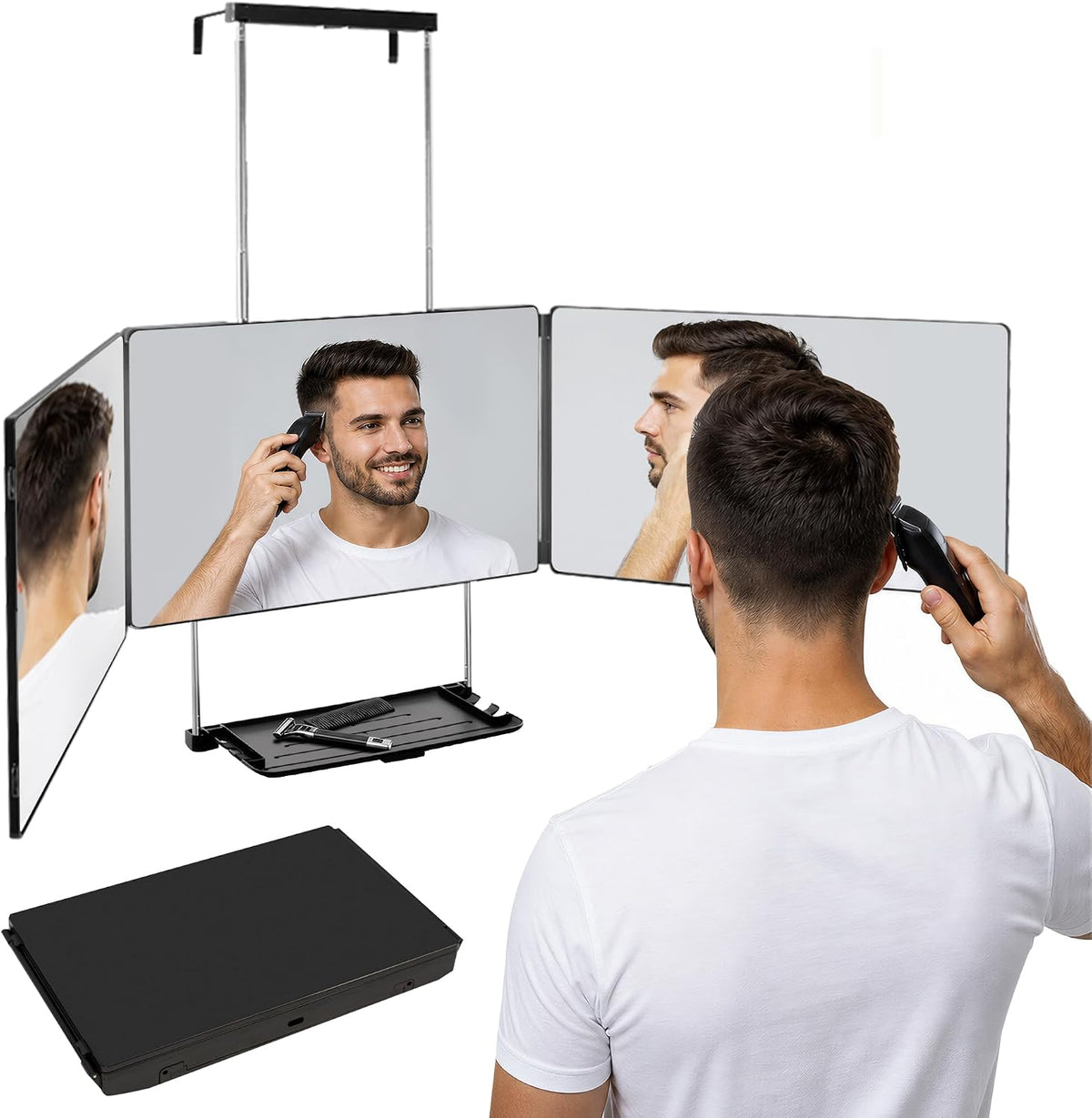 3 Way Mirror with Light & Shelf for Self Hair Cutting Rechargeable