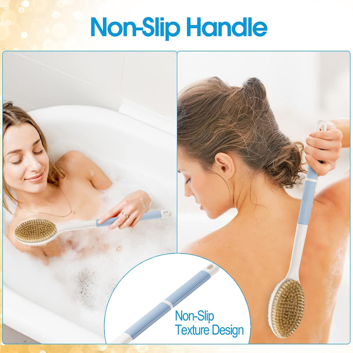 Back Scrubber Anti Slip for Shower, Shower Brush Long Handle with Stiff and Soft Bristles, Body Exfoliator for Bath or D