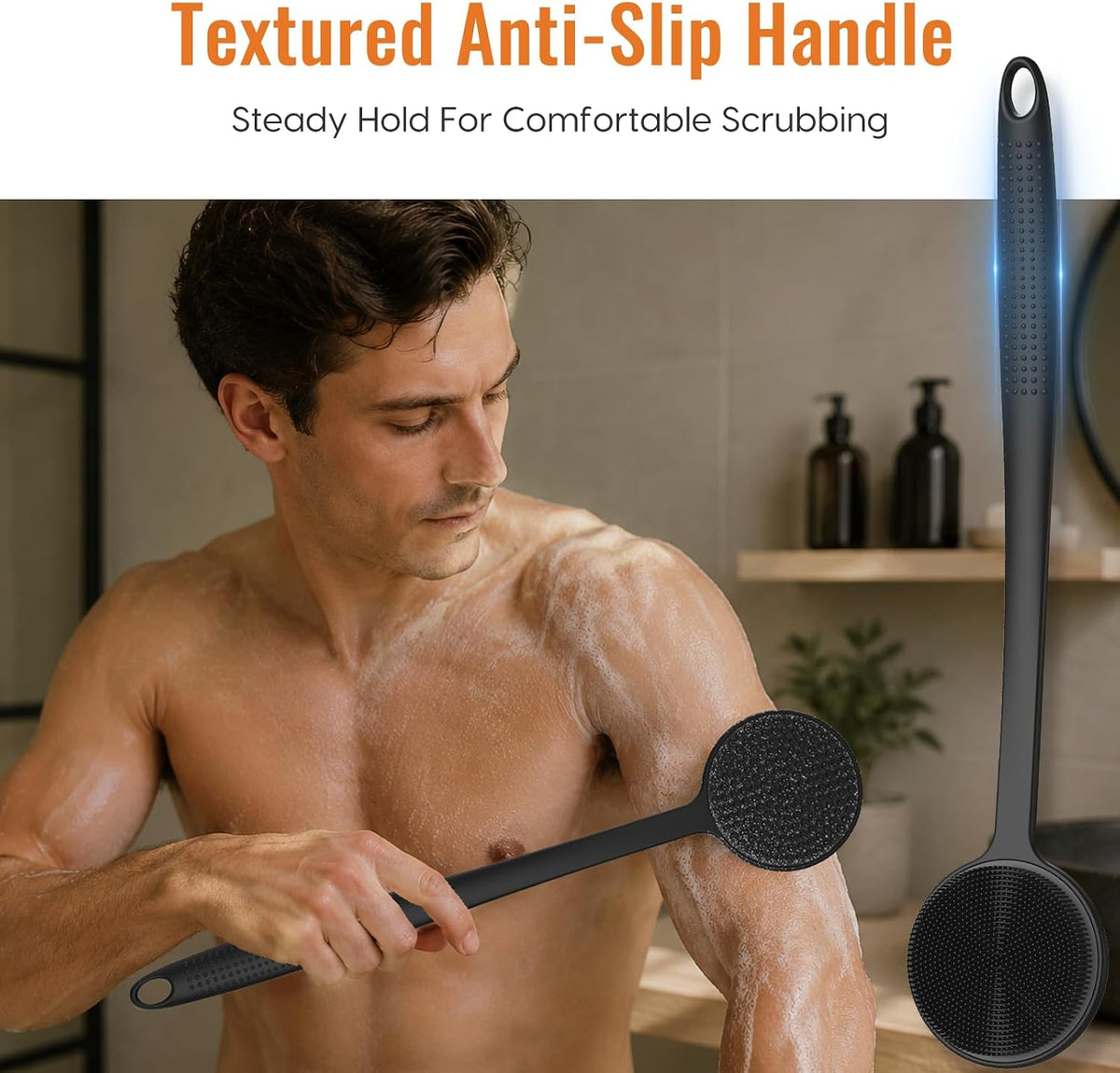 Silicone Back Scrubber for Shower, 17in Lengthen Long Handle Body Brush, Double Sided Shower Brush for Shower Exfoliatin