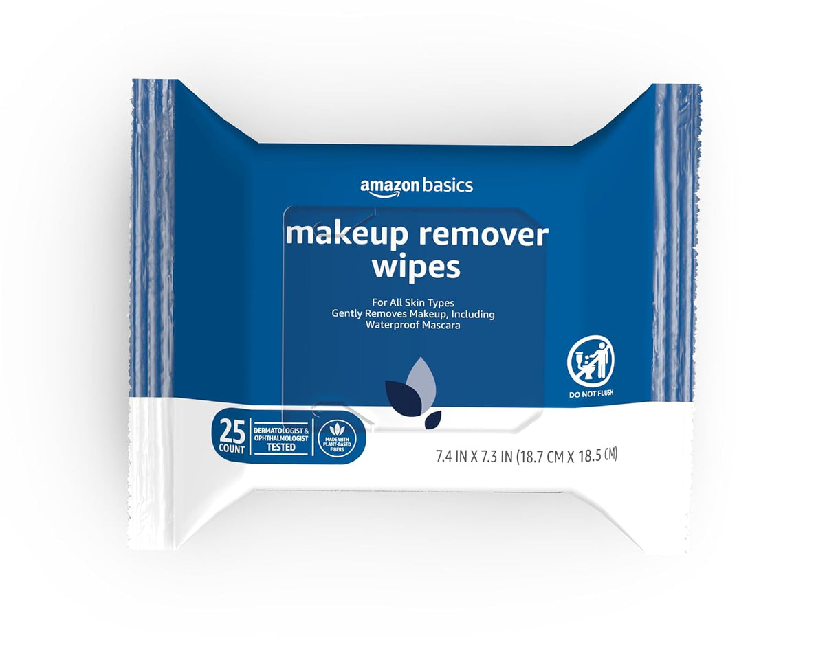 Amazon Basics Makeup Remover Wipes, Formulated without Fragrance and Alcohol-Free, Gentle Cleansing, Removes Waterproof 