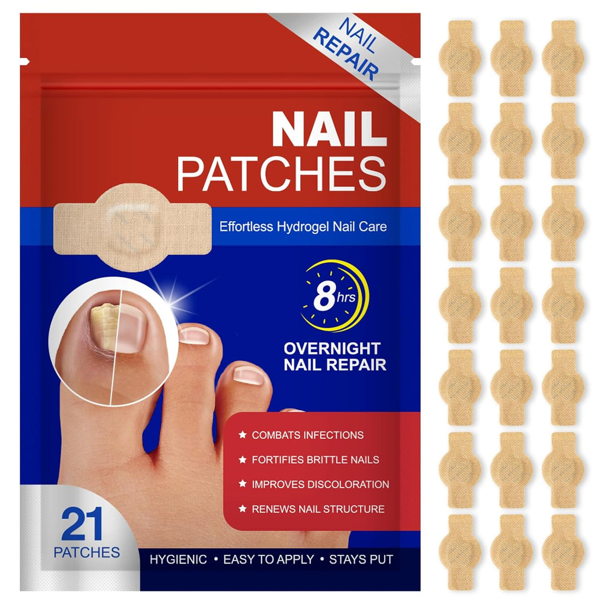 Nail Patches 42 PCS, Toenail Treatment Extra Strength 8-Hour Overnight Nail Fast Acting Repair Effortless Hydrogel Nail 