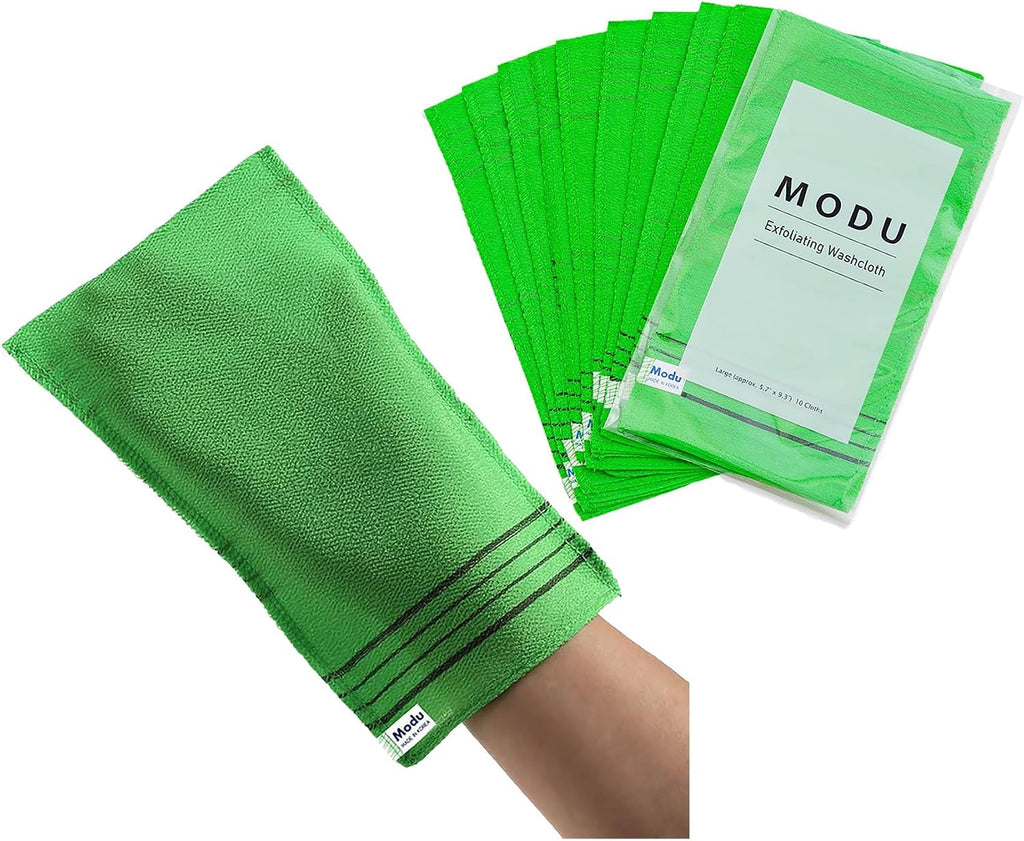 Modu Korean Exfoliating Mitts Large 4PCS (Green, Yellow, Sky Blue, Pink) – Exfoliating Gloves Body Scrubber Italy Towel 