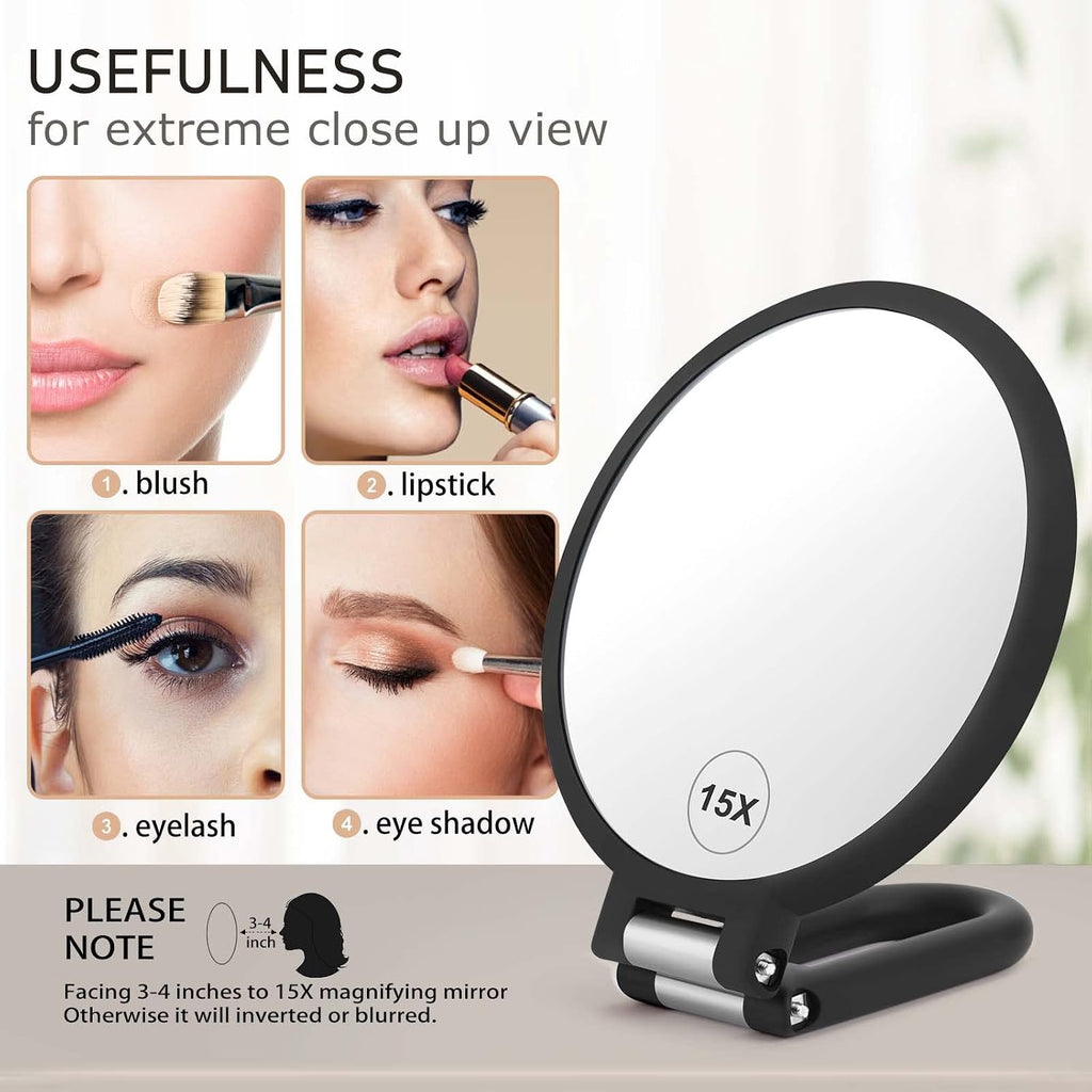 CLSEVXY Magnifying Handheld Mirror Double Sided, 1X 15X Magnification Hand Mirrors, Travel Folding Hand Held Mirror, 360