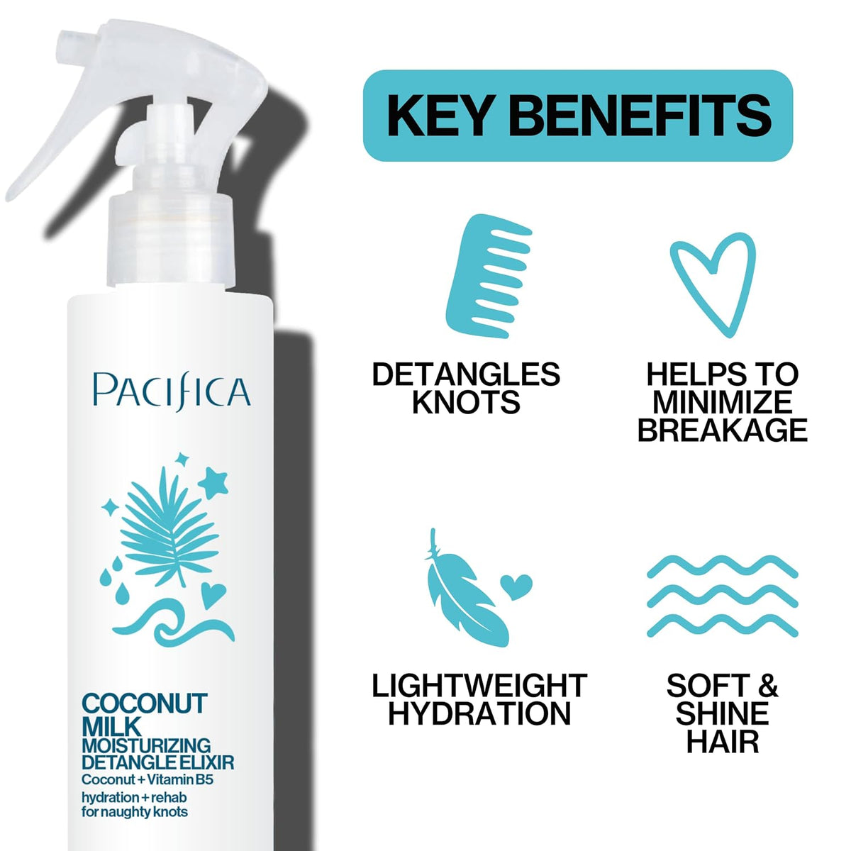 Pacifica Coconut Milk Hair Detangler Spray – Leave-In Conditioning Elixir for Tangle-Free Hair – Instantly Detangles Kno
