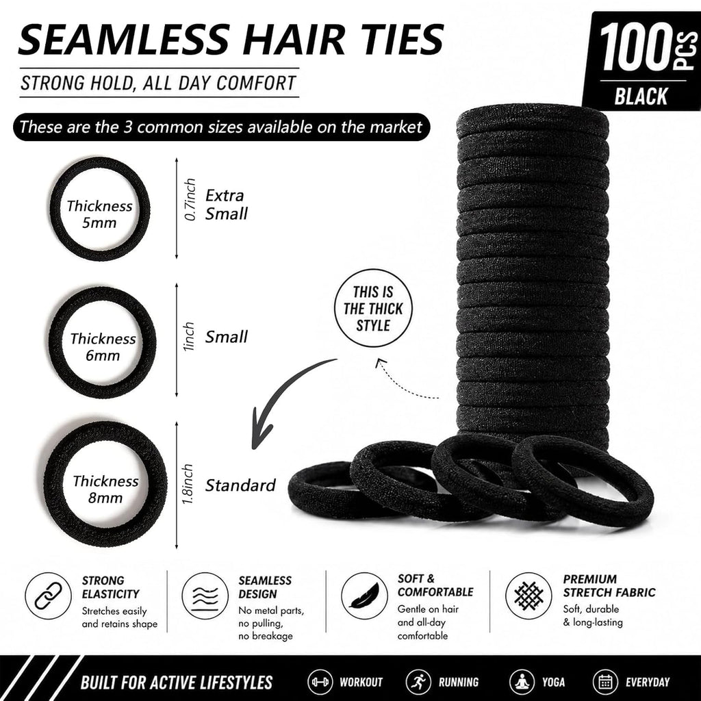 Bessrung 100PCS Black Seamless Elastic Hair Ties No Damage for Women Girls