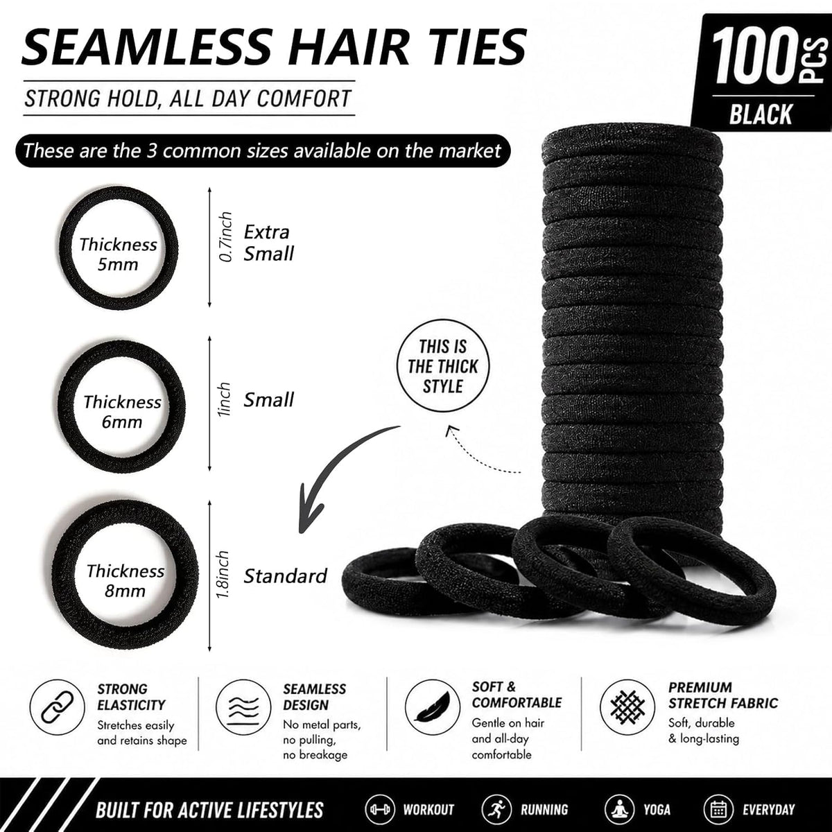 Bessrung 100PCS Black Seamless Elastic Hair Ties No Damage for Women Girls