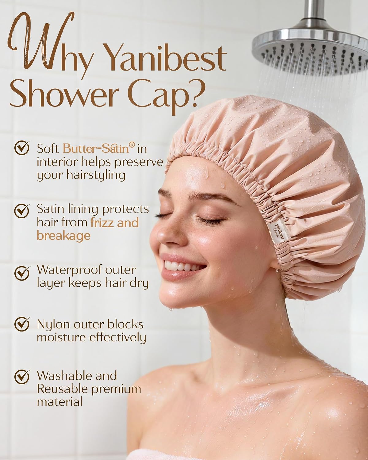 Yanibest Satin Lined Shower Cap, Reusable Waterproof Shower Caps for Women