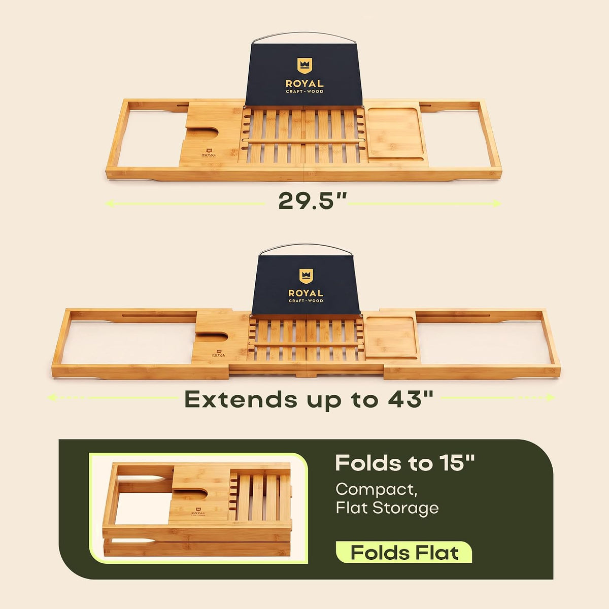 ROYAL CRAFT WOOD Premium Foldable Bathtub Tray Caddy - Wood Bath Tray for Tub, Bamboo Shelf, Expandable Bath Table Trays