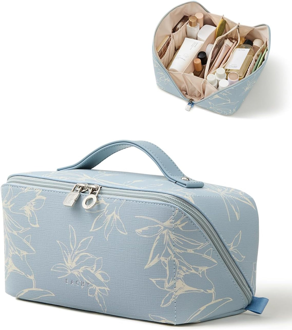 EACHY Travel Makeup Bag, Floral Cosmetic Bag for Women, Beige, Medium
