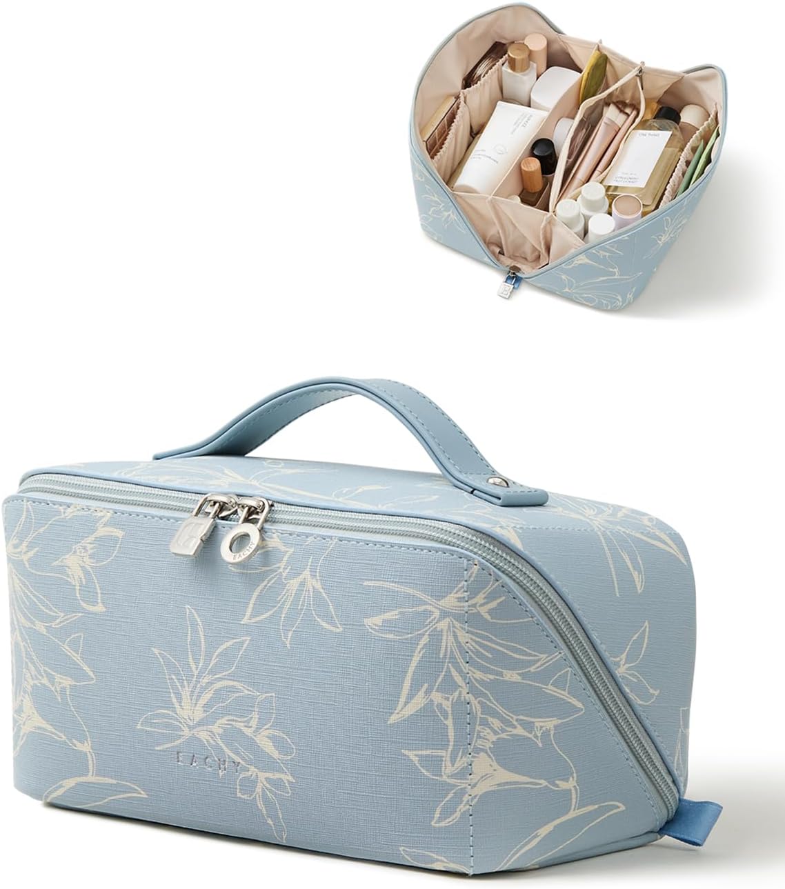 EACHY Travel Makeup Bag, Floral Cosmetic Bag for Women, Beige, Medium