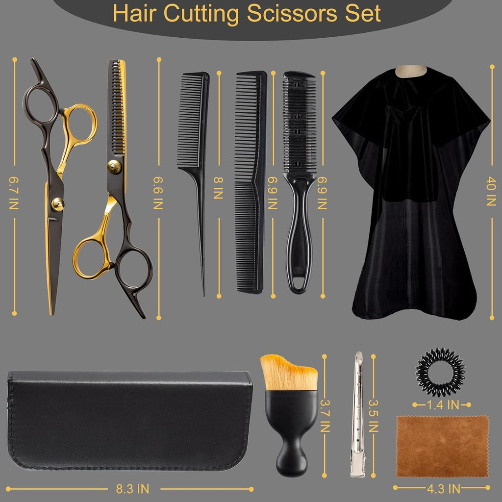 15 pcs Hair Cutting Scissors Professional, Thinning Shears for Hair Cutting, Black Gold Stainless Steel Barber Scissors,