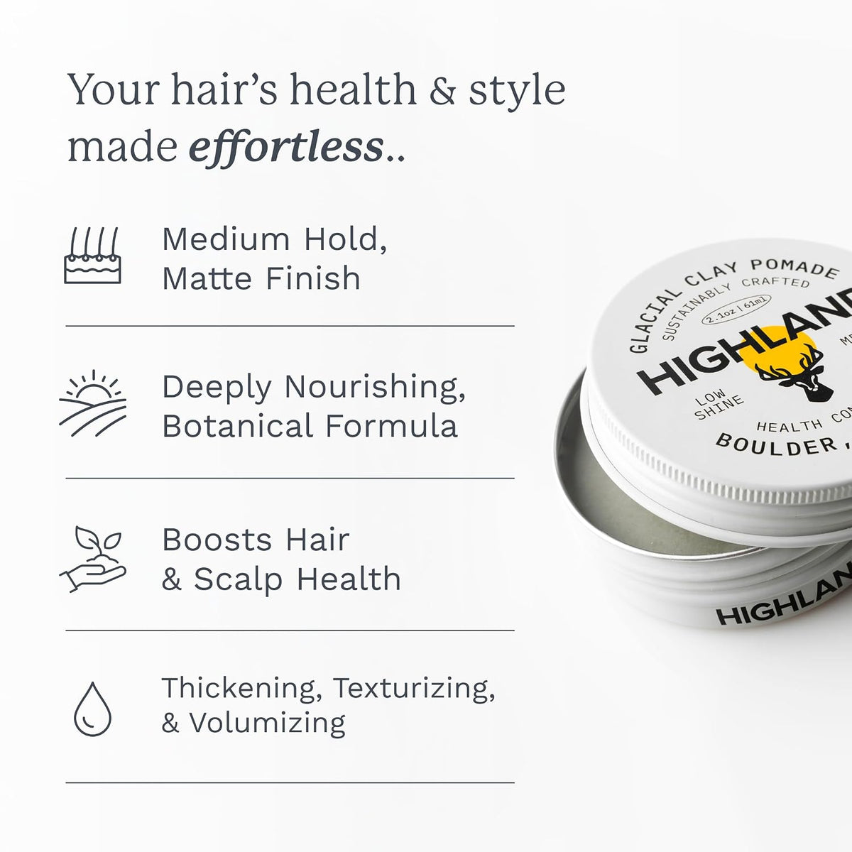 Highland Glacial Hair Clay Pomade - Award winning hair styling clay for men and women made with 100% all natural and org