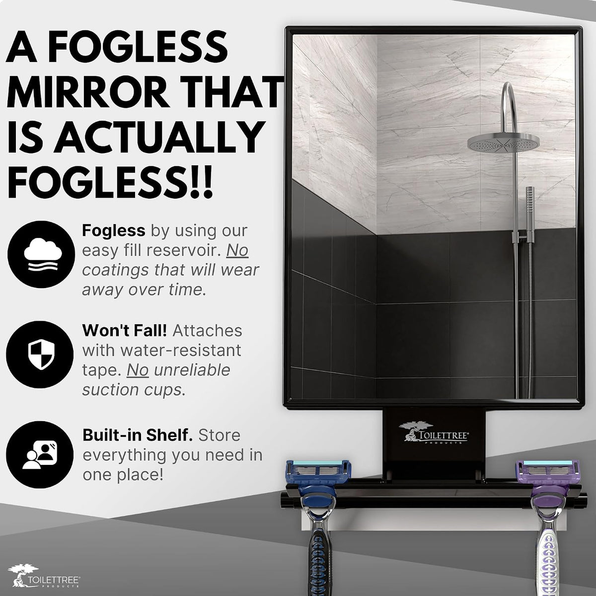 ToiletTree Products Fogless Shower Mirror - Anti-Fog Mirror - Adjustable Shaving Mirror with a Squeegee - Rust-Proof, Im