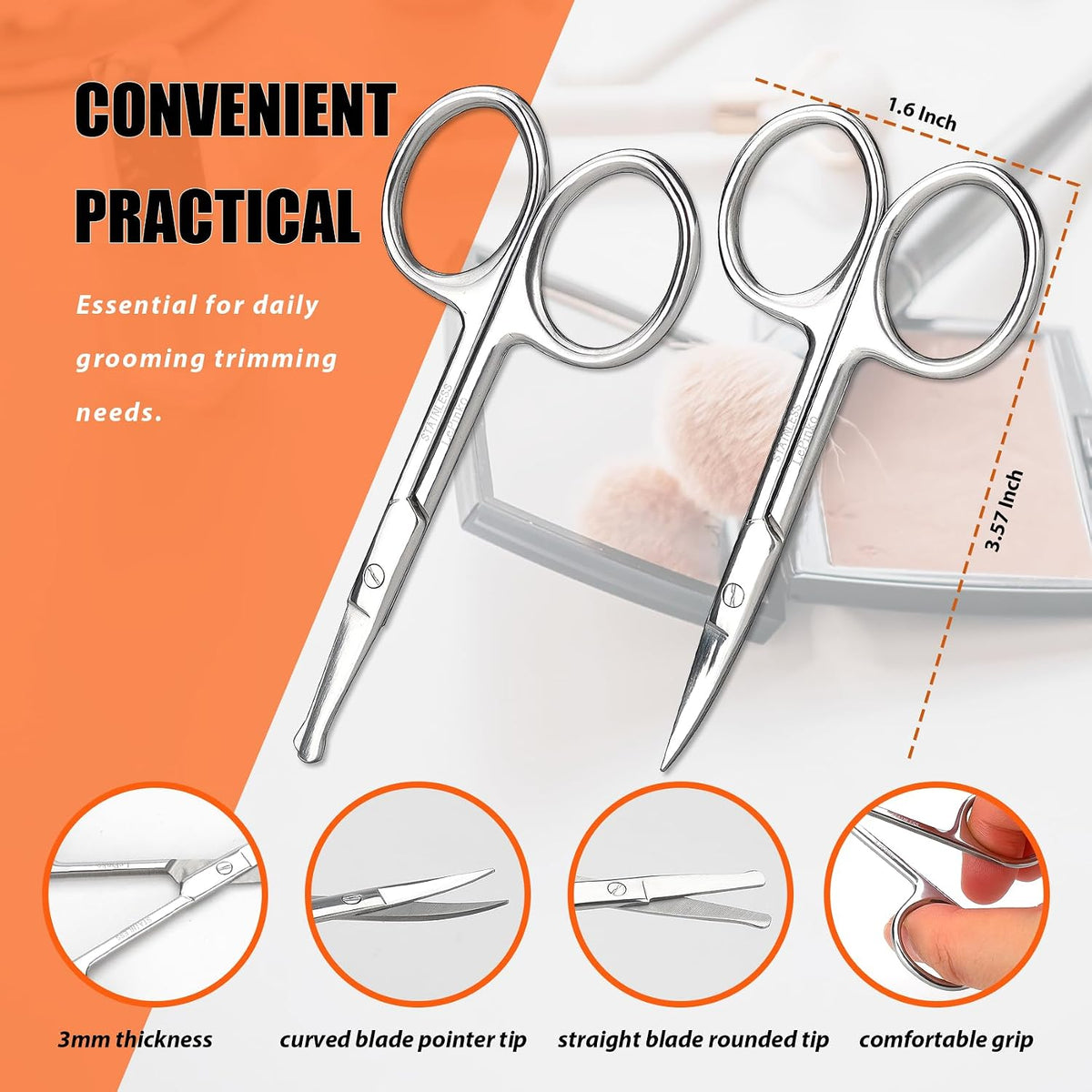 Facial Hair Small Grooming Scissors For Men Women, 2PCS Silver