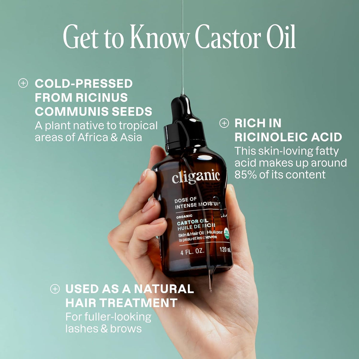 Cliganic Castor Oil Organic Cold Pressed for Eyelashes, Eyebrows & Skin 8oz