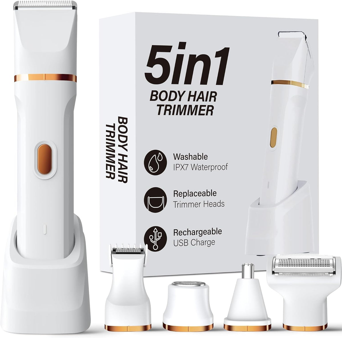 KINGTEE 5-in-1 Electric Bikini Trimmer for Women – IPX7 Waterproof Shaver, Cordless Body & Facial Razors for Women, Cera