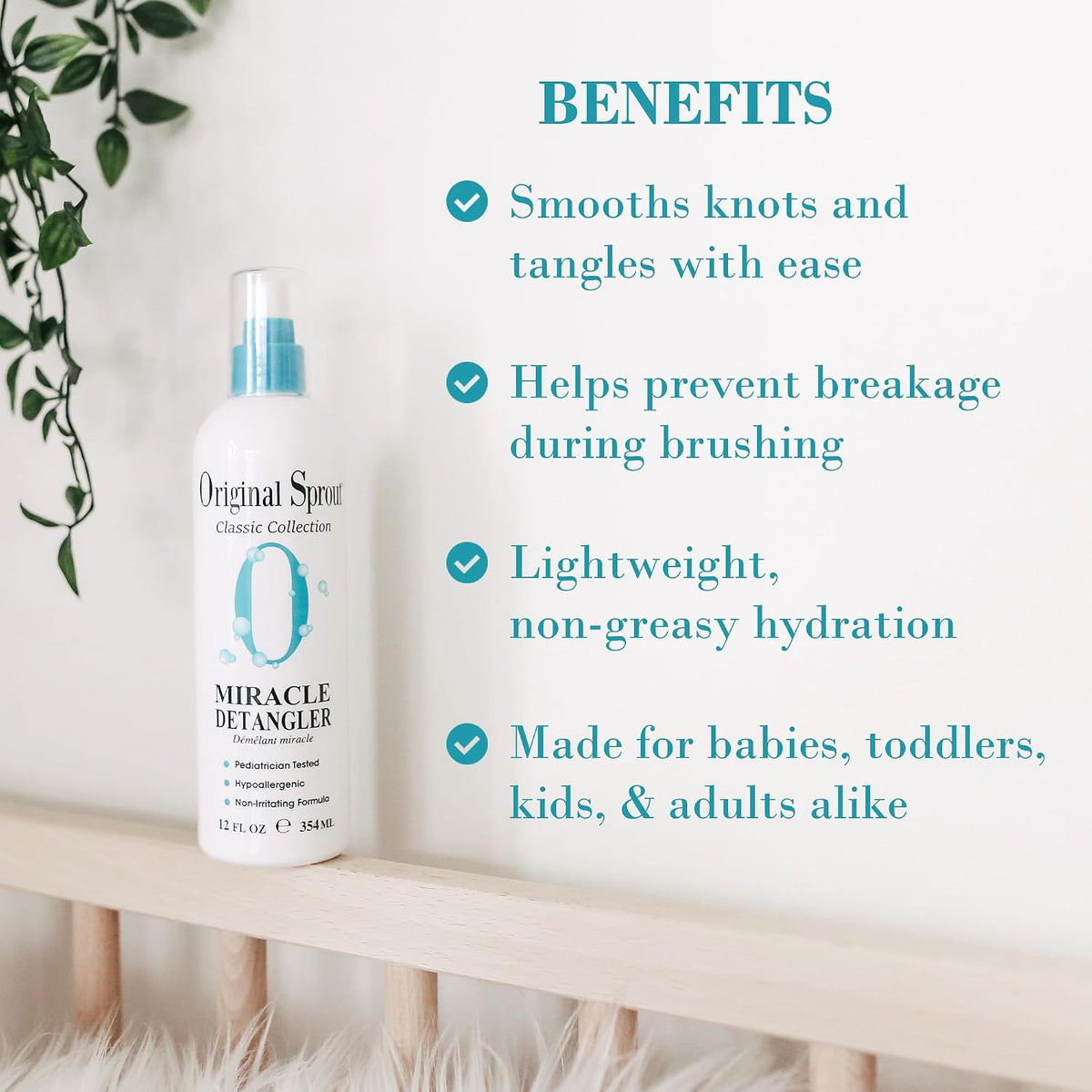 Original Sprout Miracle Detangler Spray, Lightweight Non-Greasy Leave-In Conditioner Spray for All Hair Types, Smooths, 