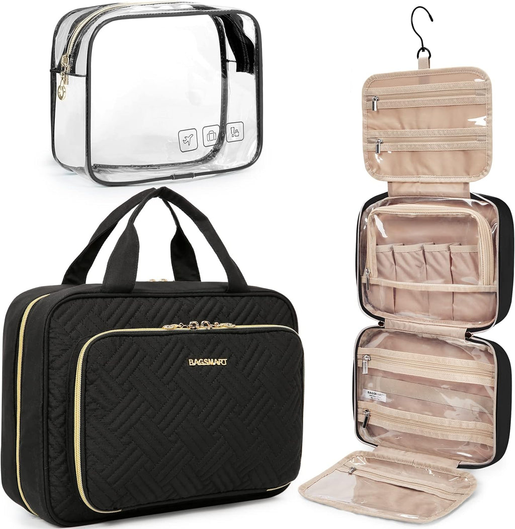BAGSMART Toiletry Bag Hanging Travel Makeup Organizer with TSA Approved Transparent Cosmetic Bag Makeup Bag for Full Siz