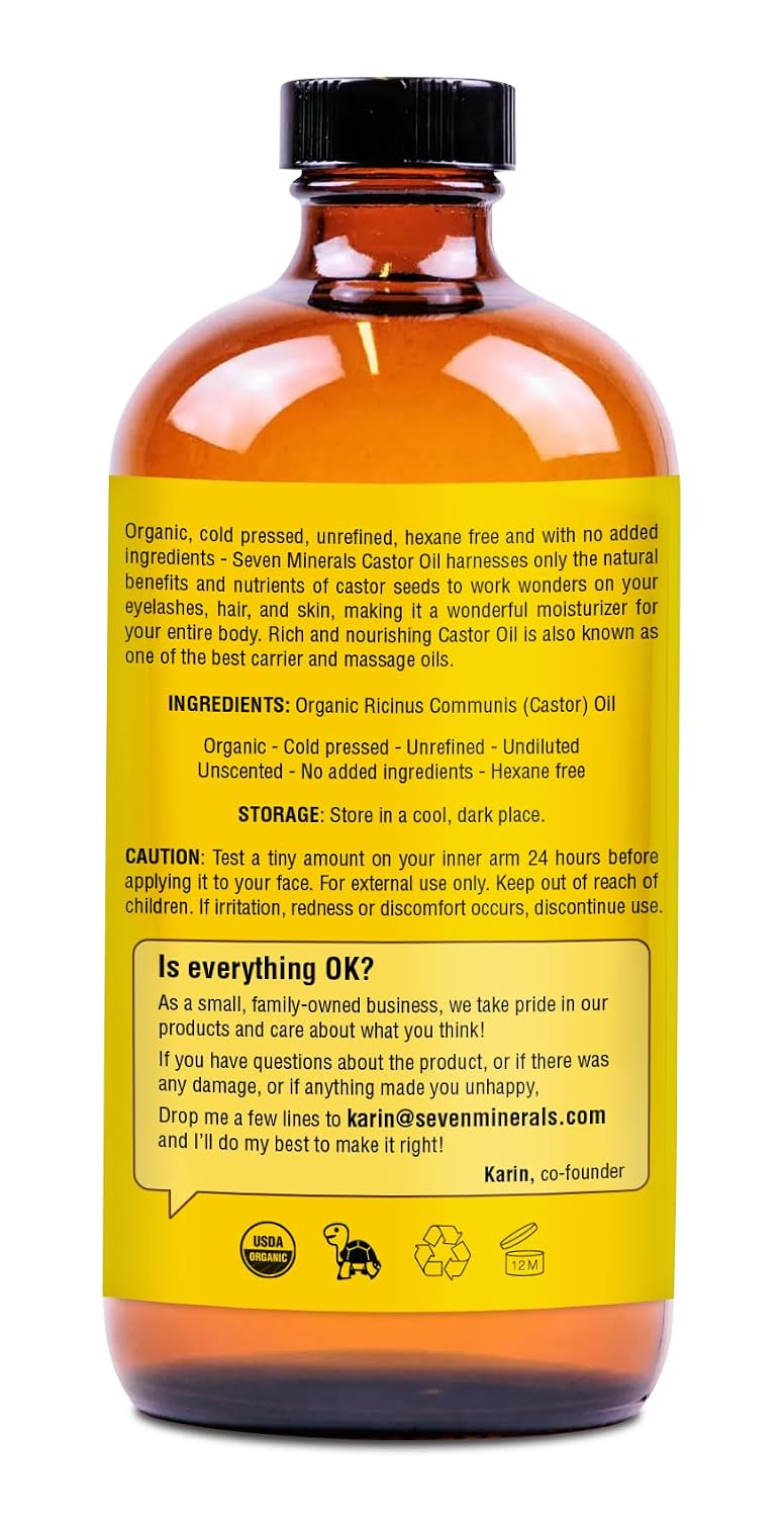 Seven Minerals USDA Organic Castor Oil - Big 16 oz Glass Bottle with Pump - 100% Pure Cold Pressed Unrefined Hexane Free