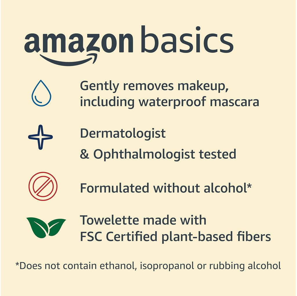 Amazon Basics Makeup Remover Wipes, Formulated without Fragrance and Alcohol-Free, Gentle Cleansing, Removes Waterproof 