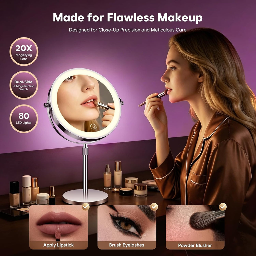 1X/20X Makeup Mirror with Lights, 9" Magnifying Mirror 5000mAh Rechargeable