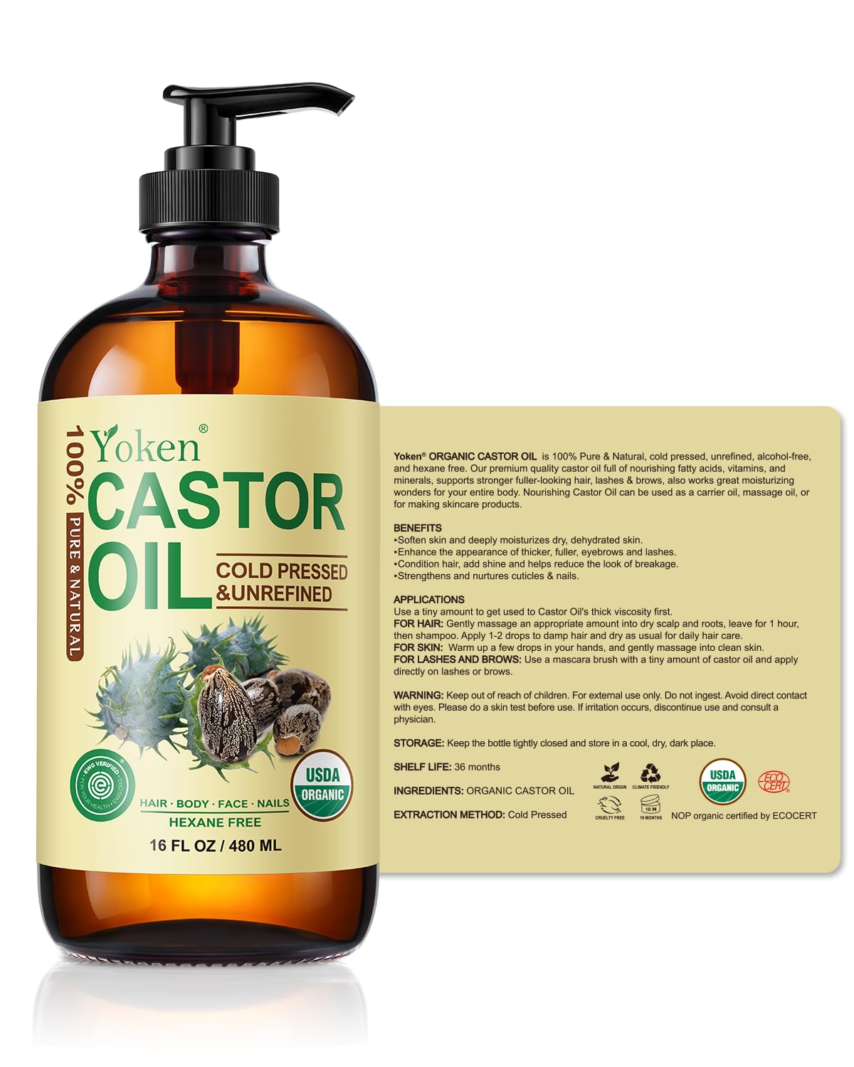 Yoken USDA Organic Castor Oil 16oz Cold Pressed Hexane Free for Hair Skin