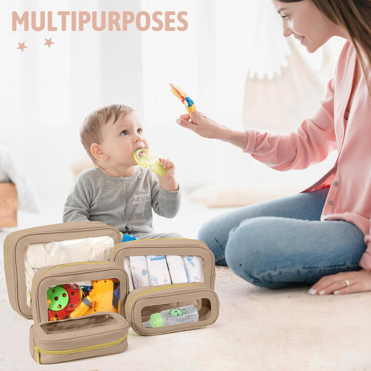 5PCS Diaper Bag Organizer Pouch Set, TSA Approved Toiletry Bag，Clear Waterproof TPU Makeup Bag Set Travel Organizer Bags