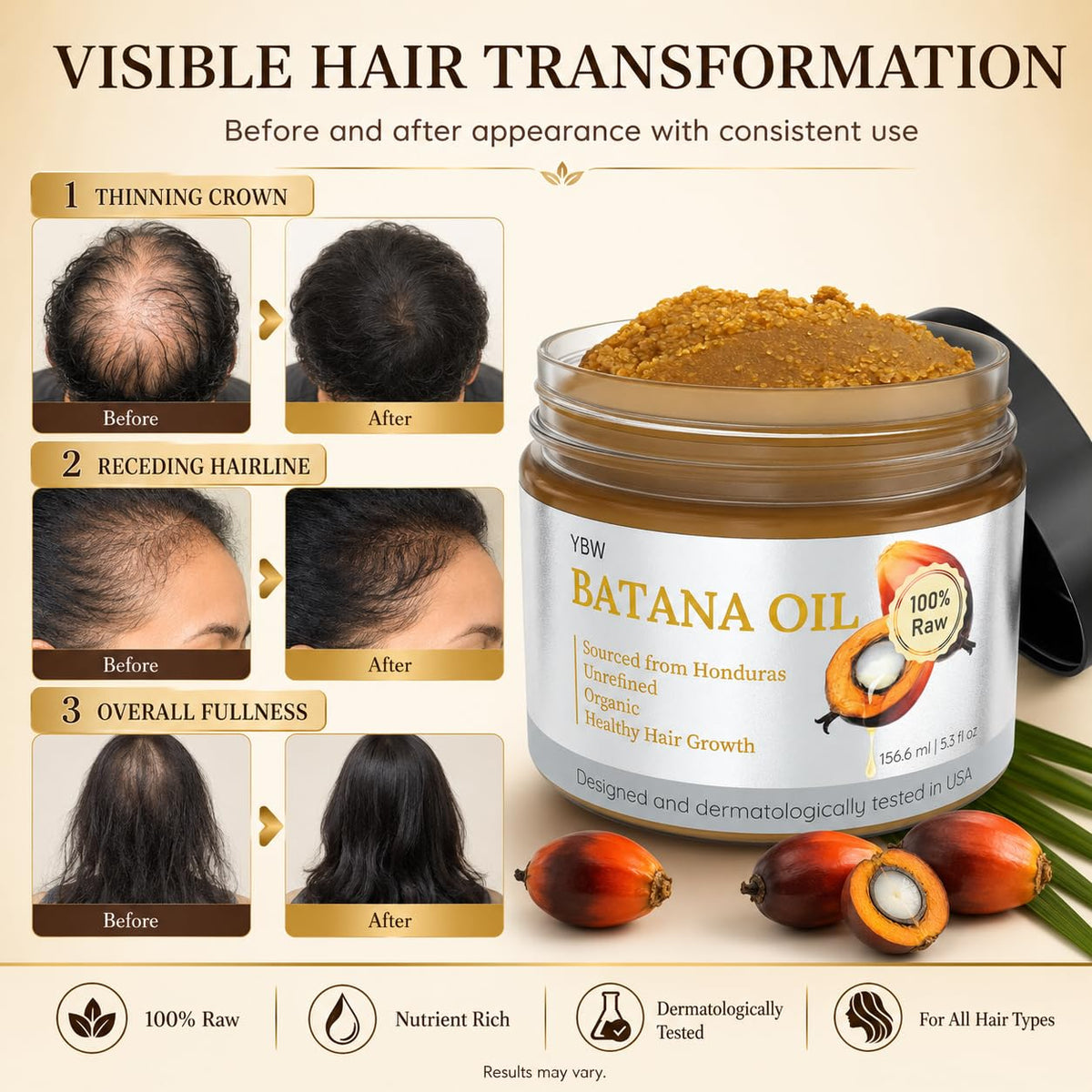 Raw Batana Oil for Hair Growth by Dr. Sebi Organic Raw Honduras Oil - 100% Pure & Natural Botana Paste for Thicker, Stro