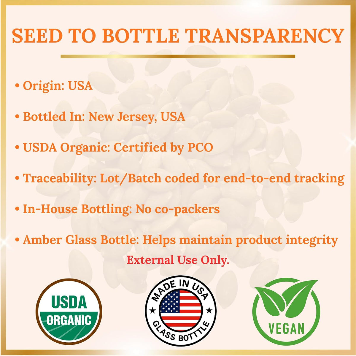 Pumpkin Seed Oil, USA Grown, USDA Organic Pumpkin Seed Oil for Hair Growth