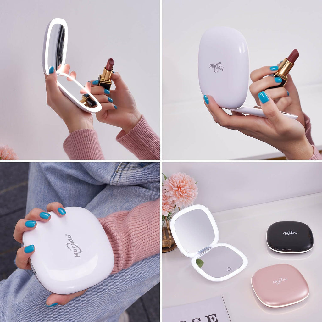 Compact LED Magnifying Travel Makeup-Mirror - 4 inches 1X/10X Magnification Small Hand Pocket Dimmable Double Sided USB 