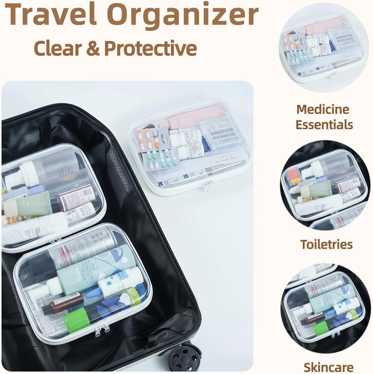 3-Pack Medium Clear Hard Shell Zipper Pouches, Clear Zipper Bags, Hard Case Pouches for Purse & Diaper Bag Organizer, an