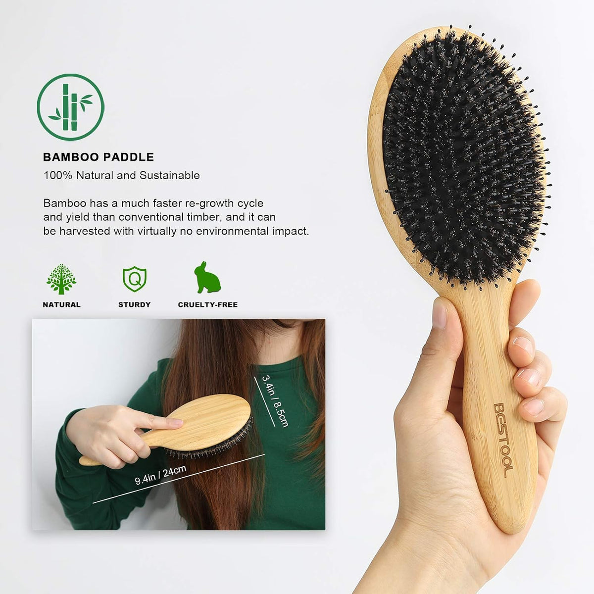 BESTOOL Hair Brush-Boar Bristle Hair Brushes Natural Bamboo Wooden Cushion Massage Anti Static Large Paddle Hairbrush fo