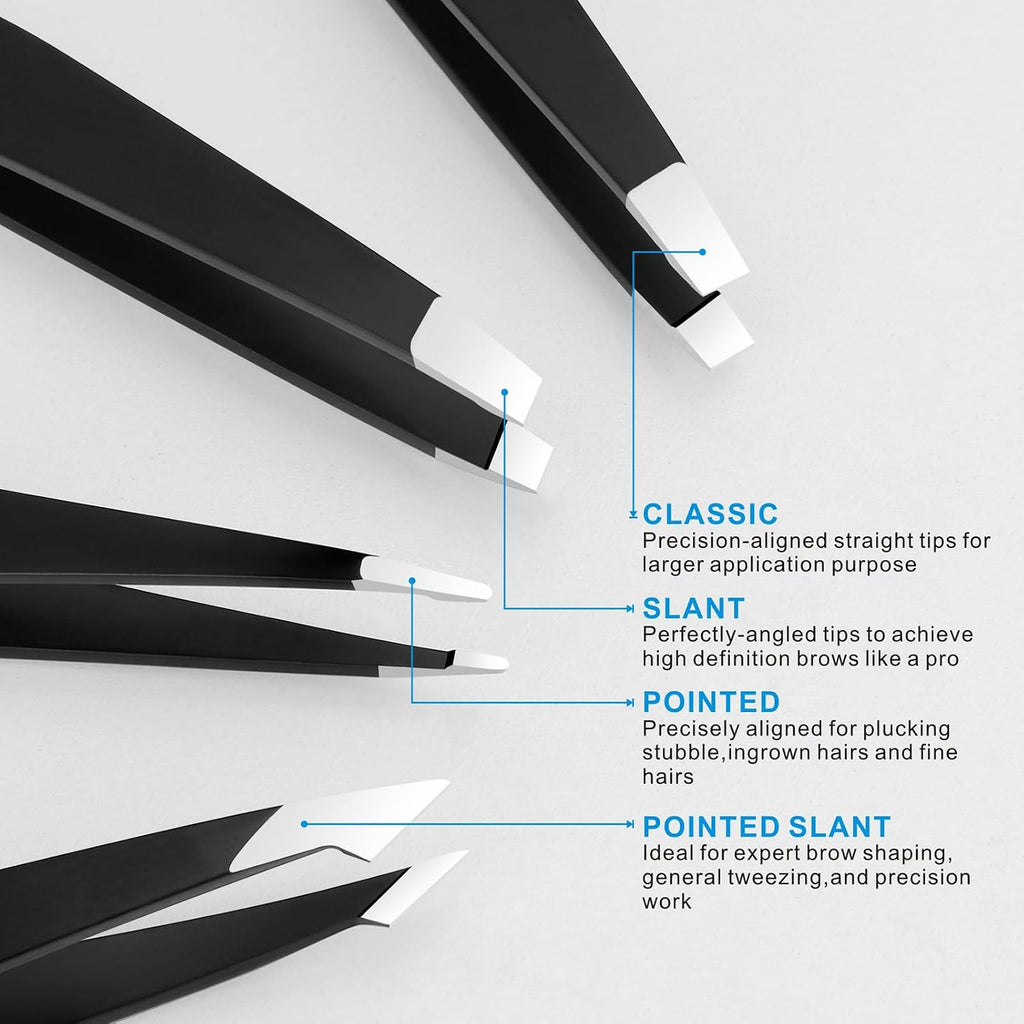 Pefei Tweezers Set - Professional Stainless Steel Tweezers for Eyebrows - Great Precision for Facial Hair, Splinter and 