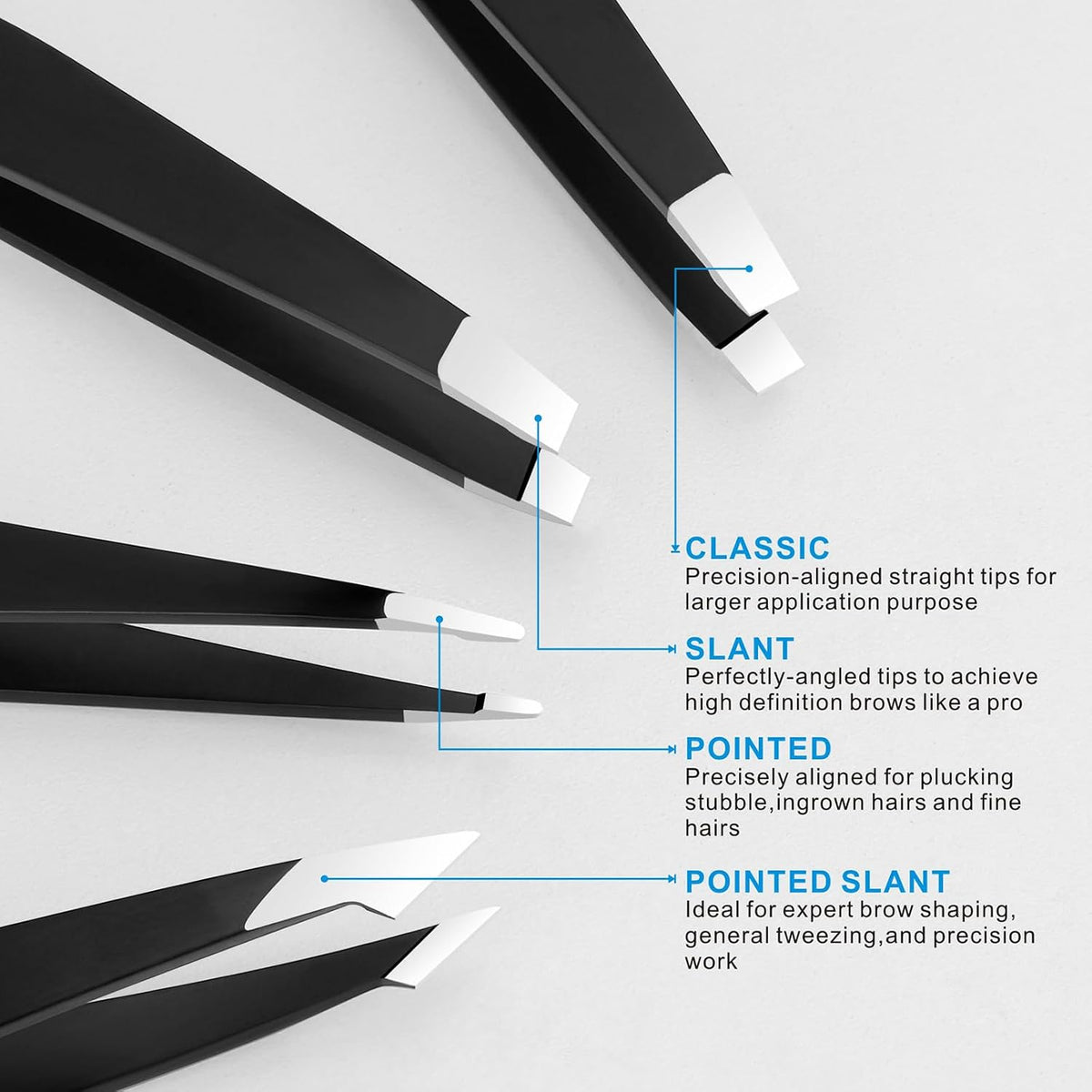 Pefei Tweezers Set - Professional Stainless Steel Tweezers for Eyebrows - Great Precision for Facial Hair, Splinter and 