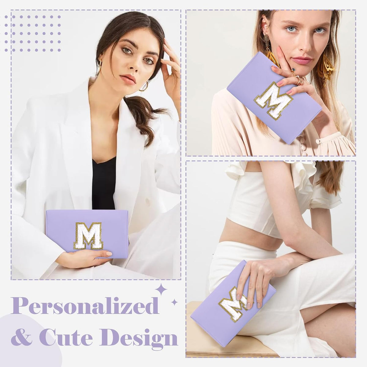 Personalized Makeup Bag Initial A-Z Preppy Patch Bag,Small PU Leather Travel Cosmetic Bag Pouch with Zipper,Purple Cute 
