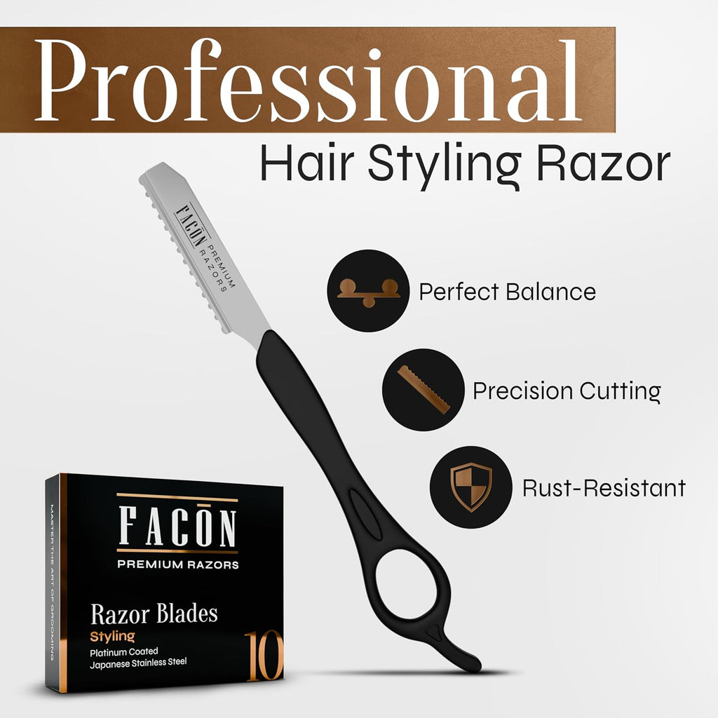 Facón Hair Razors for Cutting Hair - Professional Styling Razor Kit with 11 Replacement Blades, Stainless Steel Hairs Cu